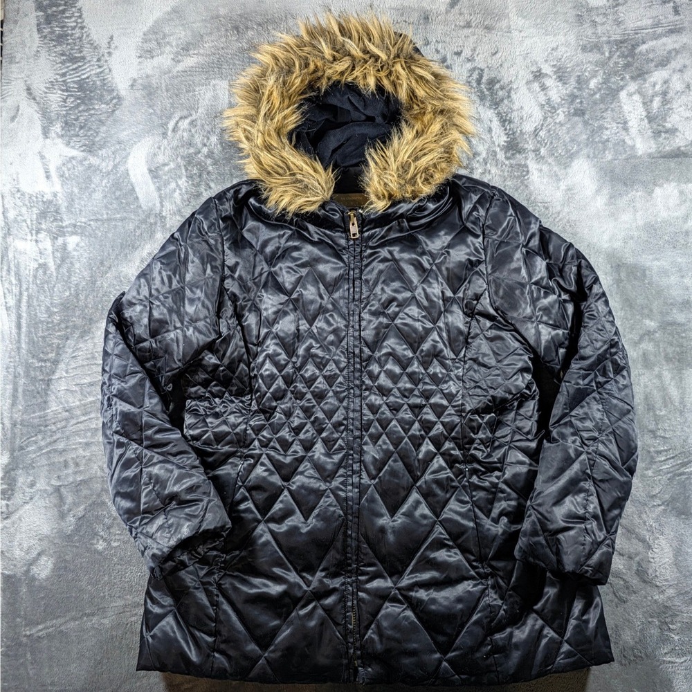 Liz Claiborne Lizwear Black Diamond Quilted Down Puffer Jacket Faux Fur Hood XXL